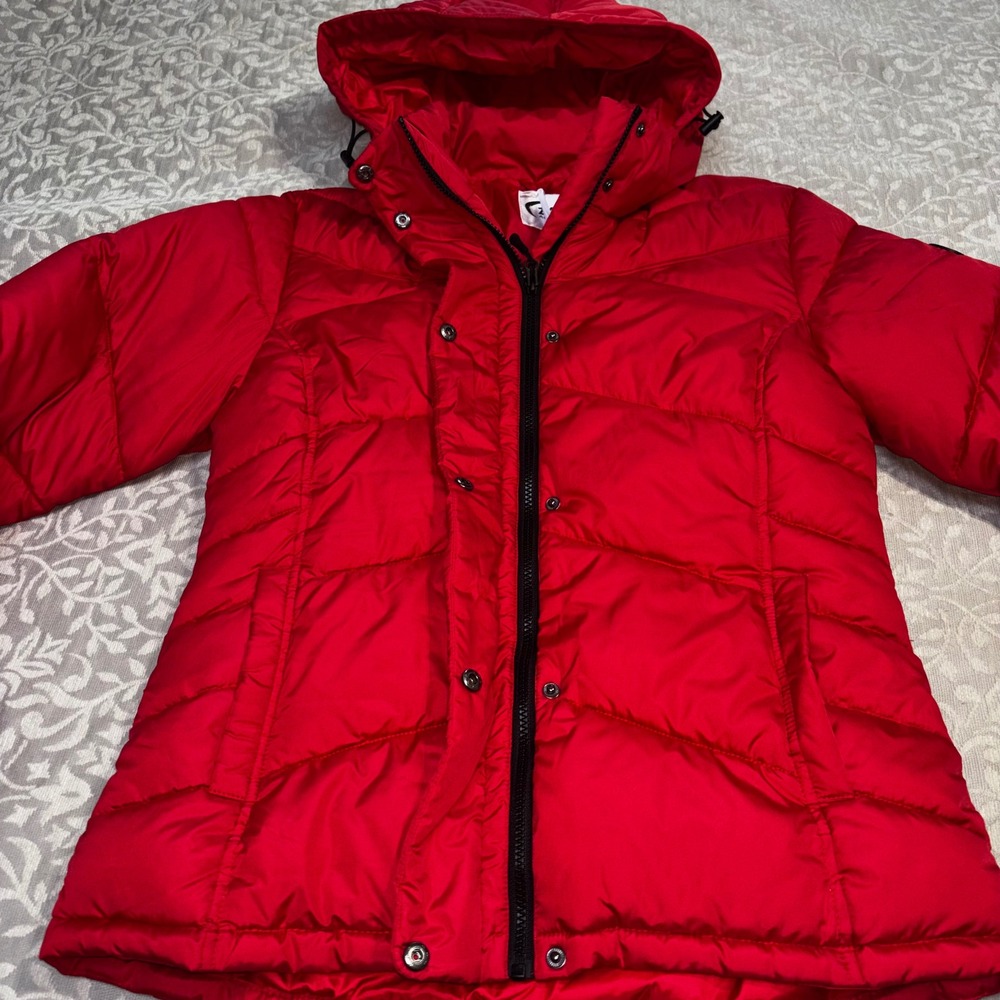 Zyia Active Puffer Jacket Womens Large Red Excellent Hooded Quilted Coat